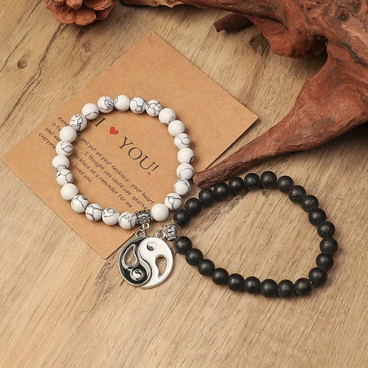 2pcs Set Vintage-Inspired Yin Yang Tai Chi Beaded Bracelets - Perfect Gift for Couples & Family, Includes Blessing Card